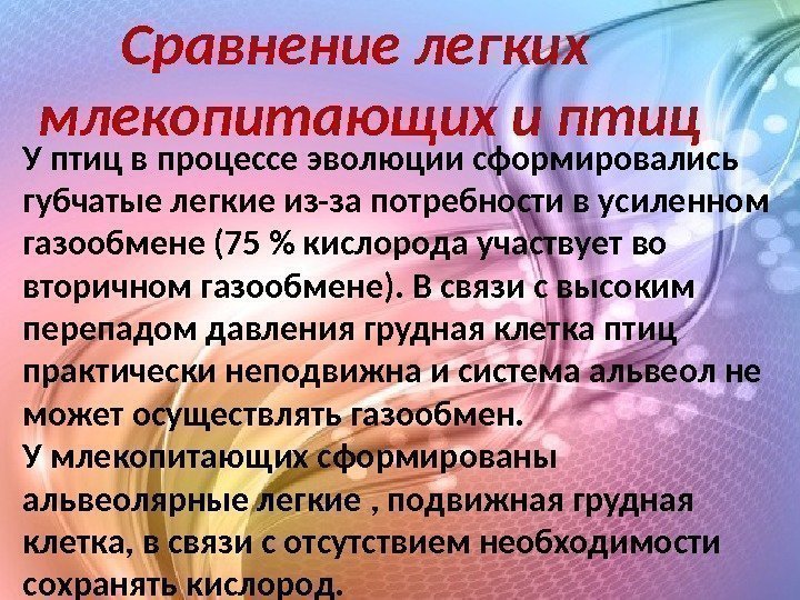 Сравнение легких  млекопитающих и птиц У птиц в процессе эволюции сформировались губчатые легкие