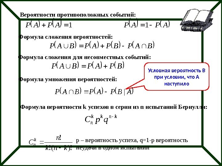 Вероятности противоположных событий: Формула сложения вероятностей: Формула сложения для несовместных событий: Формула умножения вероятностей: