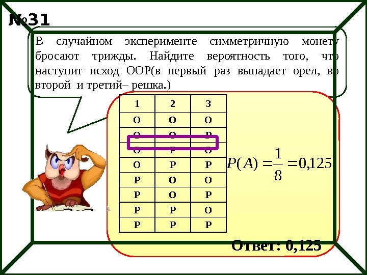 В случайном эксперименте симметричную монету бросают трижды.  Найдите вероятность того,  что наступит