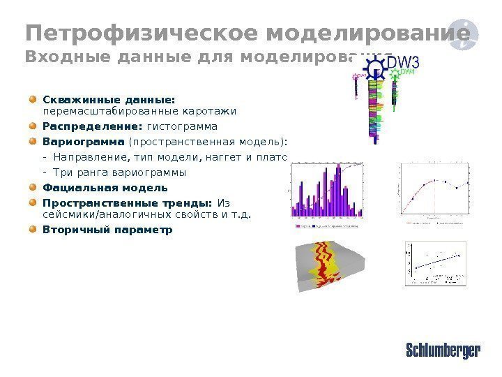 Петрофизическое моделирование Входные данные для моделирования Скважинные данные :  перемасштабированные каротажи Распределение :