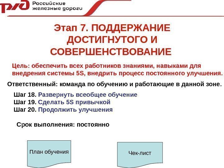   Этап 7. ПОДДЕРЖАНИЕ ДОСТИГНУТОГО И СОВЕРШЕНСТВОВАНИЕ  Шаг 18.  Развернуть всеобщее