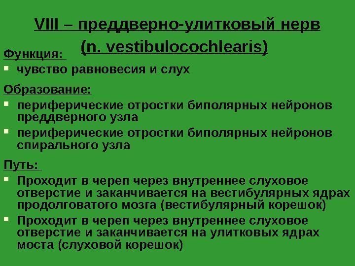 VIII – преддверно-улитковый нерв (n. vestibulocochlearis)  Функция:  чувство равновесия и слух Образование: