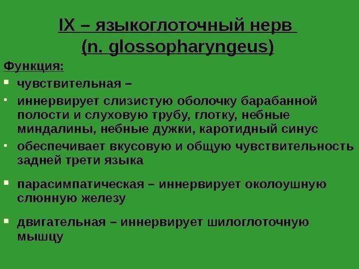 IX – языкоглоточный нерв (n. glossopharyngeus) Функция:  чувствительная –  • иннервирует слизистую