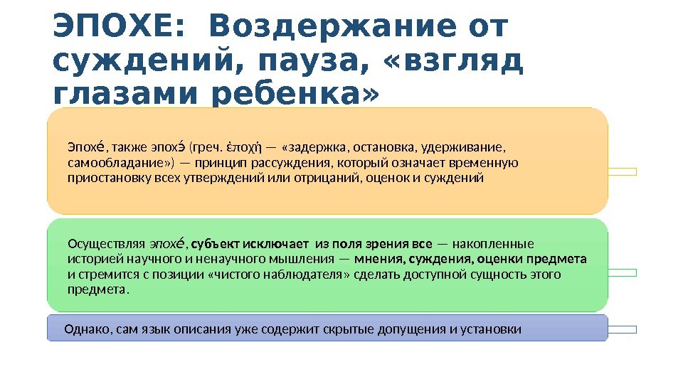 ЭПОХЕ:  Воздержание от суждений, пауза,  «взгляд глазами ребенка» Эпох , также эпох