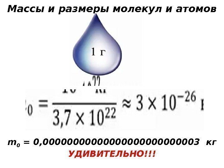 Массы и размеры молекул и атомов m 0 = 0, 00000000000003 кг УДИВИТЕЛЬНО!!! 