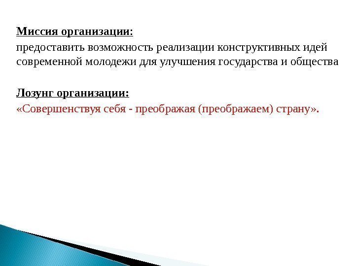 Миссия организации : предоставить возможность реализации конструктивных идей современной молодежи для улучшения государства и