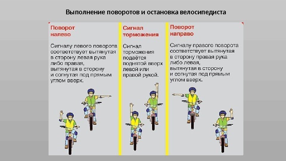Выполнение поворотов и остановка велосипедиста 