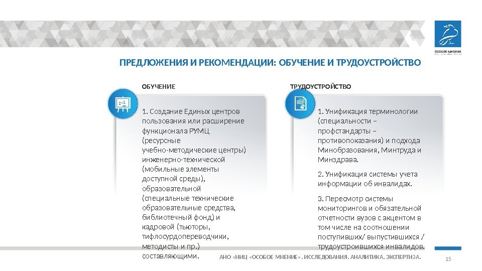 ПРЕДЛОЖЕНИЯ И РЕКОМЕНДАЦИИ: ОБУЧЕНИЕ И ТРУДОУСТРОЙСТВО АНО «НИЦ «ОСОБОЕ МНЕНИЕ» . ИССЛЕДОВАНИЯ. АНАЛИТИКА. ЭКСПЕРТИЗА.