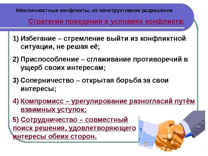 Межличностные конфликты, их конструктивное разрешение Стратегии поведения в условиях конфликта: 1) Избегание – стремление