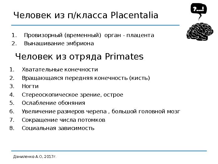 Человек из п/класса Placentalia 1. Провизорный (временный) орган - плацента 2. Вынашивание эмбриона Даниленко
