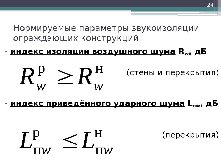 Нормируемые параметры звукоизоляции ограждающих конструкций - индекс изоляции воздушного шума R w , д.