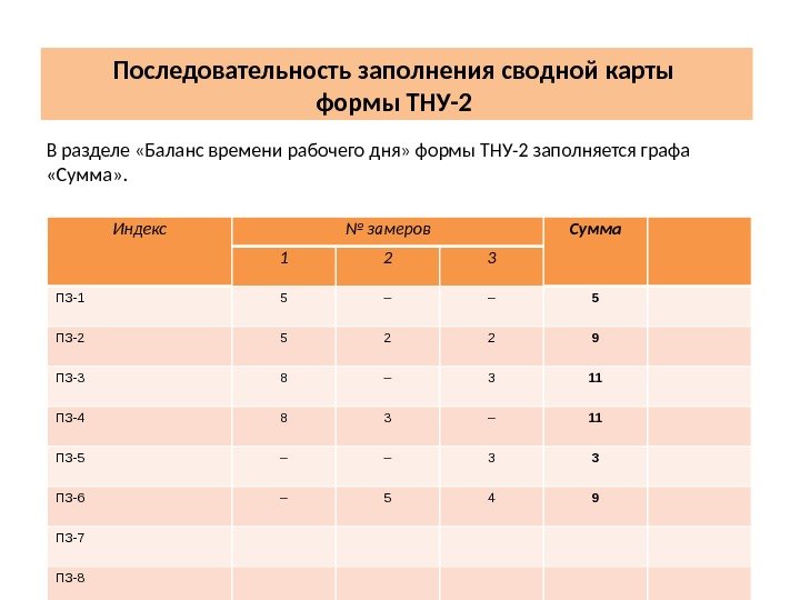 В разделе «Баланс времени рабочего дня» формы ТНУ-2 заполняется графа  «Сумма» . 6