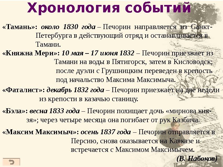 Хронология событий  «Тамань» : около 1830 года – Печорин направляется из Санкт- 
