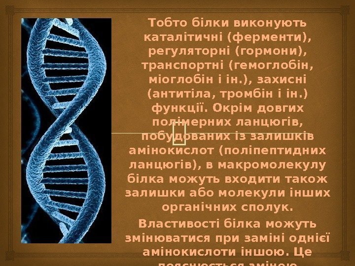 Тобто білки виконують каталітичні (ферменти),  регуляторні (гормони),  транспортні (гемоглобін,  міоглобін і