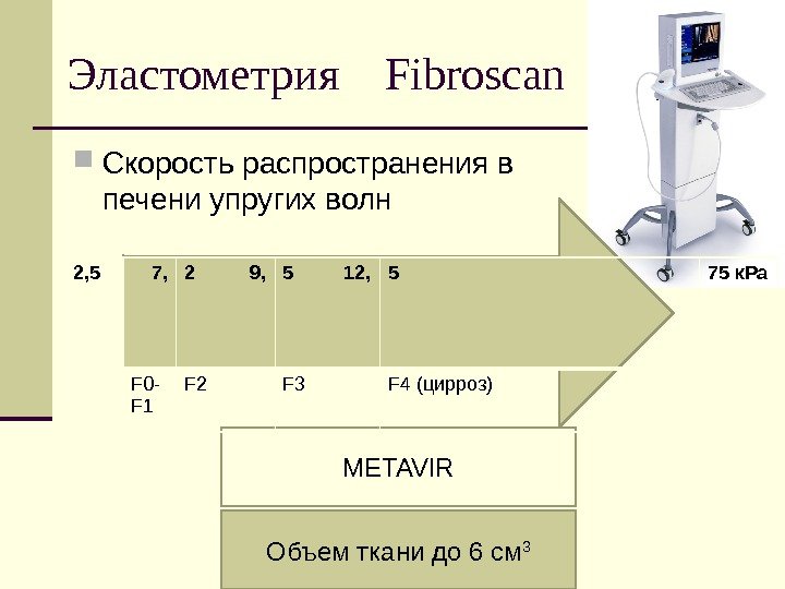 Эластометрия  Fibroscan Скорость распространения в печени упругих волн METAVIR Объем ткани до 6
