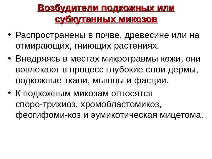   Возбудители подкожных или субкутанных микозов • Распространены в почве, древесине или на