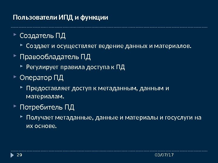 Пользователи ИПД и функции Создатель ПД Создает и осуществляет ведение данных и материалов. 