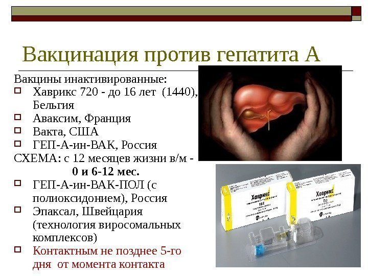 Вакцинация против гепатита А Вакцины инактивированные:  Хаврикс 720 - до 16 лет (1440),