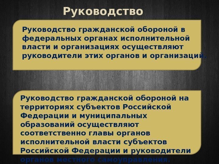 Руководство гражданской обороной в федеральных органах исполнительной власти и организациях осуществляют руководители этих органов