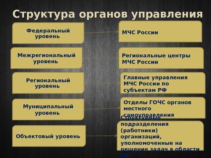 Структура органов управления Федеральный уровень Межрегиональный уровень Региональный уровень Муниципальный уровень Объектовый уровень МЧС