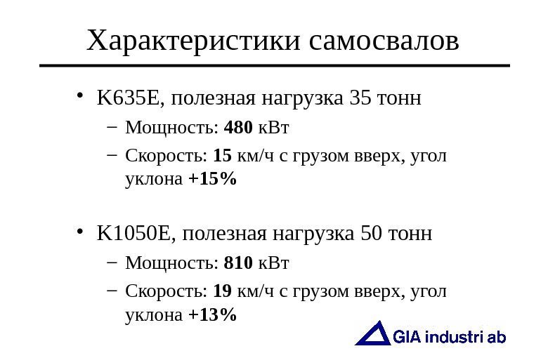   Характеристики самосвалов • K 635 E,  полезная нагрузка 35 тонн 