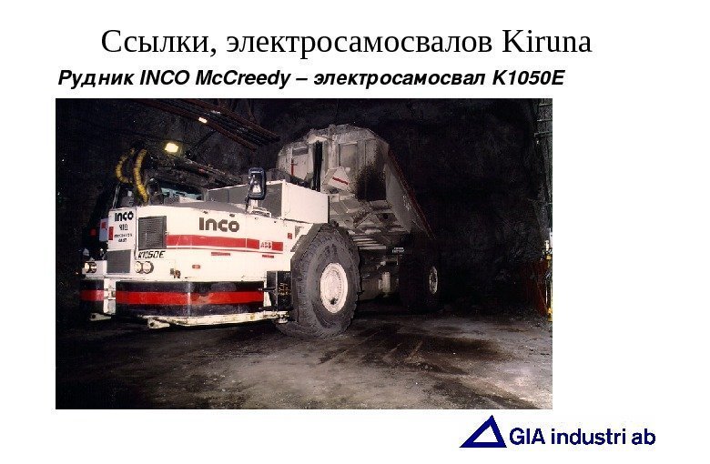   Ссылки ,  электросамосвалов Kiruna Рудник INCOMc. Creedy– электросамосвал K 1050 E