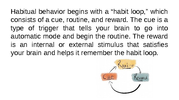 Habitual behavior begins with a “habit loop, ” which consists of a cue, routine,