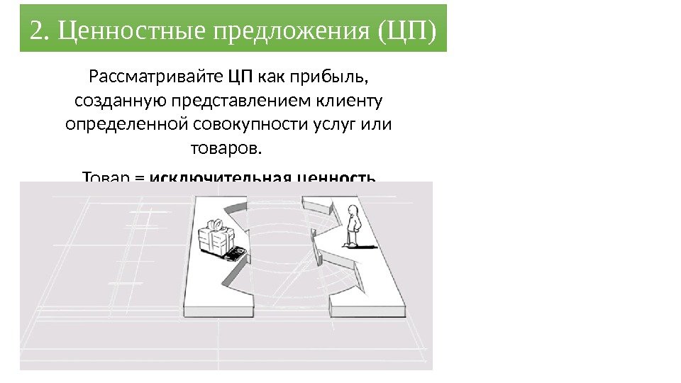 2. Ценностные предложения (ЦП) Рассматривайте ЦП как прибыль,  созданную представлением клиенту определенной совокупности