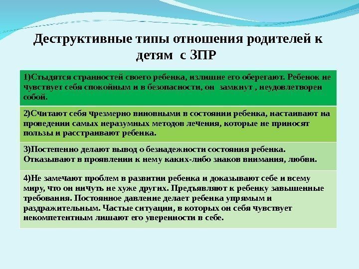 Деструктивные типы отношения родителей к детям с ЗПР 1)Стыдятся странностей своего ребенка, излишне его