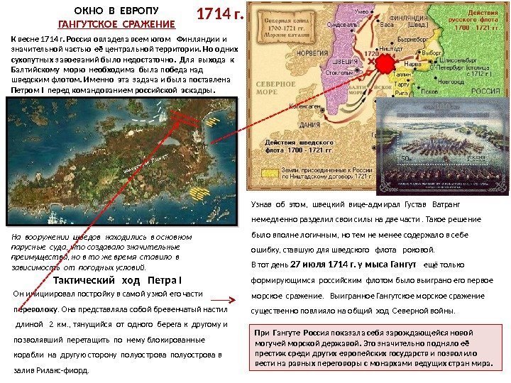 ОКНО В ЕВРОПУ ГАНГУТСКОЕ СРАЖЕНИЕ 1714 г. К весне 1714 г. Россия овладела всем