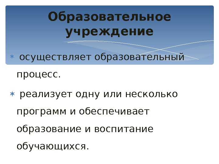   осуществляет образовательный процесс. реализует одну или несколько программ и обеспечивает образование и