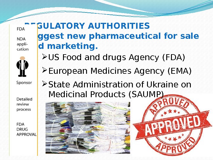 REGULATORY AUTHORITIES  suggest new pharmaceutical for sale  and marketing.  US Food