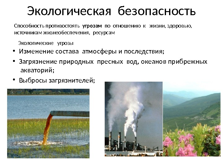 Экологическая безопасность • Изменение состава атмосферы и последствия;  • Загрязнение природных пресных вод,
