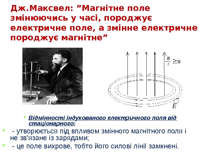 13 Дж. Максвел: ”Магнітне поле змінюючись у часі, породжує електричне поле, а змінне електричне