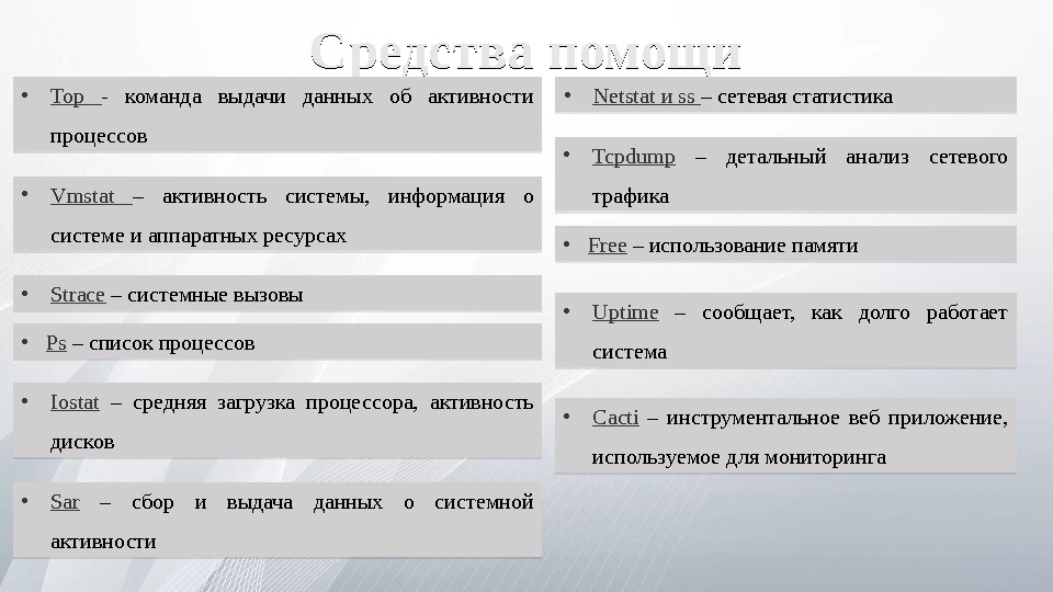 Средства помощи • Top - команда выдачи данных об активности процессов • Vmstat –