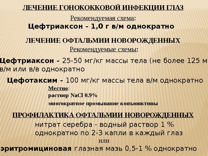 ЛЕЧЕНИЕ ГОНОКОККОВОЙ ИНФЕКЦИИ ГЛАЗ  Рекомендуемая схема :  ЛЕЧЕНИЕ ОФТАЛЬМИИ НОВОРОЖДЕННЫХ  Рекомендуемые