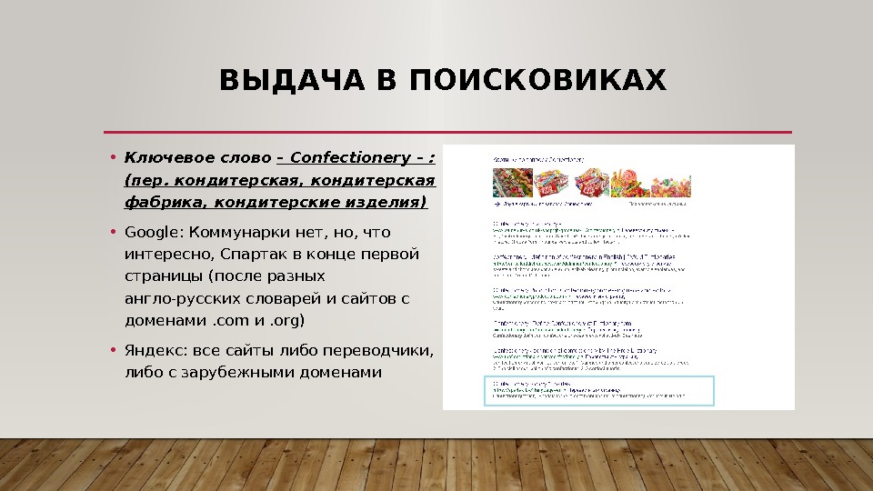 ВЫДАЧА В ПОИСКОВИКАХ  • Ключевое слово – Confectionery – :  (пер. кондитерская,
