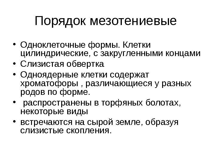 Порядок мезотениевые  • Одноклеточные формы. Клетки цилиндрические, с закругленными концами • Слизистая обвертка