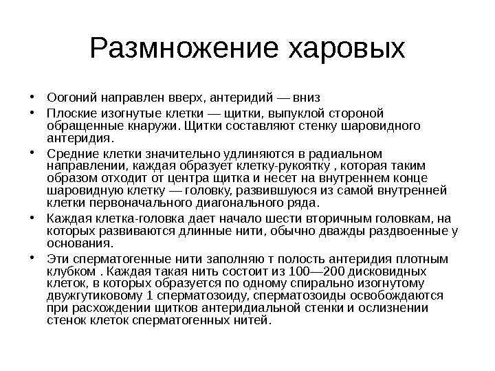 Размножение харовых • Оогоний направлен вверх, антеридий — вниз  • Плоские изогнутые клетки