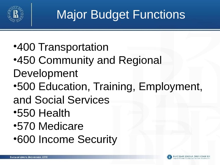 Major Budget Functions • 400 Transportation • 450 Community and Regional Development • 500