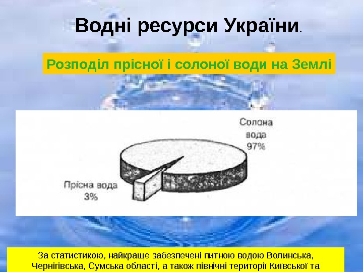 Розподіл прісної і солоної води на Землі Водні ресурси України. За статистикою, найкраще забезпечені