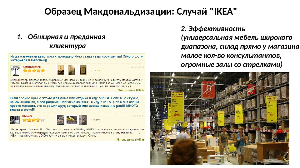 Образец Макдональдизации: Случай IKEA 1. Обширная и преданная клиентура 2. Эффективность (универсальная мебель широкого