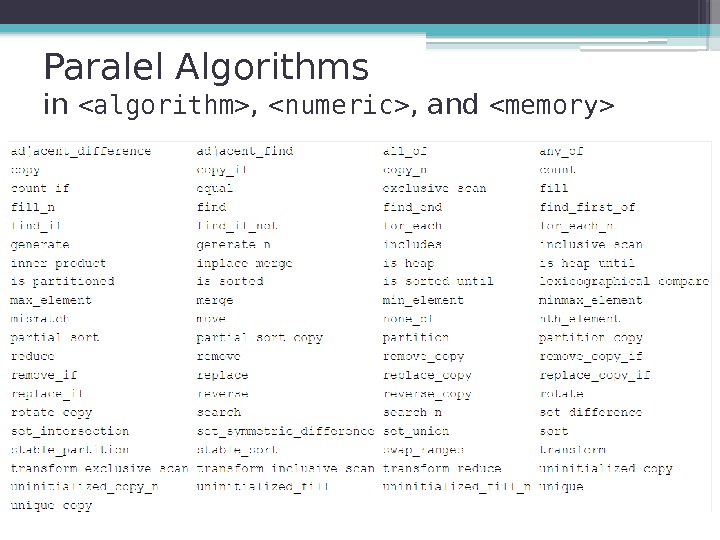 Paralel Algorithms  in algorithm ,  numeric , and memory   