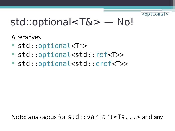 std: : optionalT& — No! Alteratives std: : optional T*  std: : optional
