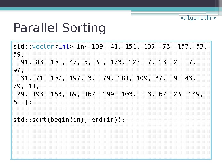 Parallel Sorting std: : vector  int  in{ 139, 41, 151, 137, 73,