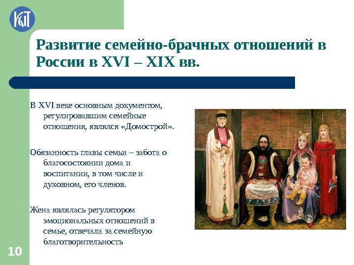 Развитие семейно-брачных отношений в России в XVI – XIX вв. В XVI веке основным