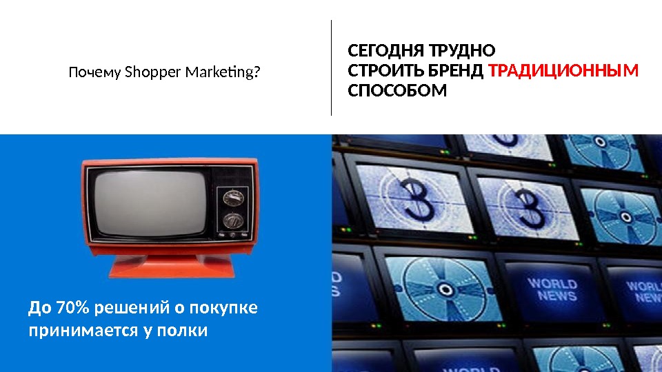 Почему Shopper Marketing? СЕГОДНЯ ТРУДНО СТРОИТЬ БРЕНД ТРАДИЦИОННЫМ СПОСОБОМ До 70 решений о покупке