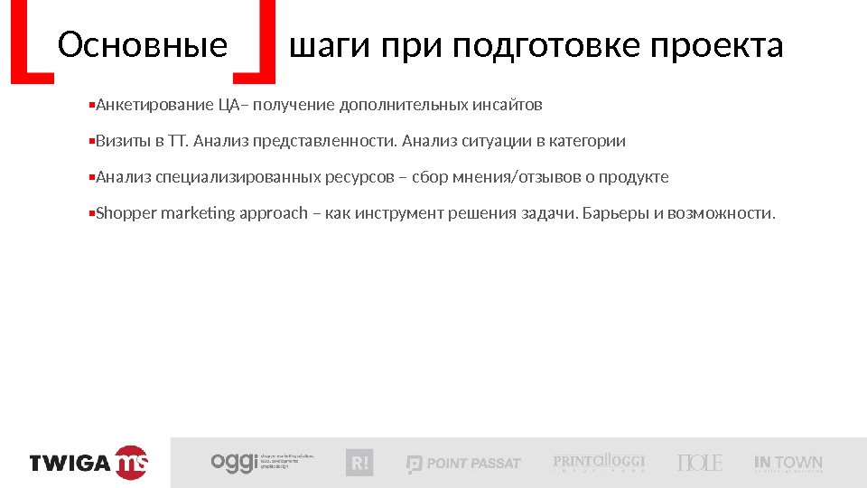 Основные шаги при подготовке проекта Анкетирование ЦА– получение дополнительных инсайтов Визиты в ТТ. Анализ