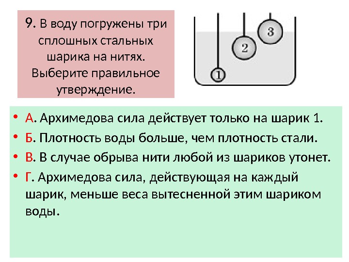 9.  В воду погружены три сплошных стальных шарика на нитях.  Выберите правильное