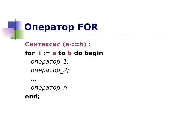Оператор FOR Синтаксис (a=b) : for  i  : = a to b